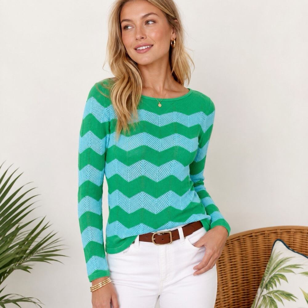 Lilly Pulitzer Zig Zag Chevron Stripe Sweater XS Green Aqua Blue Cotton Preppy